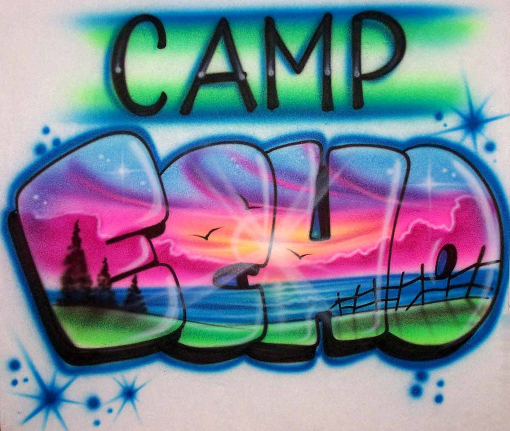 Airbrushed Sunset Lake Scene Inside Any Camp Name. Custom Shirts Available Online