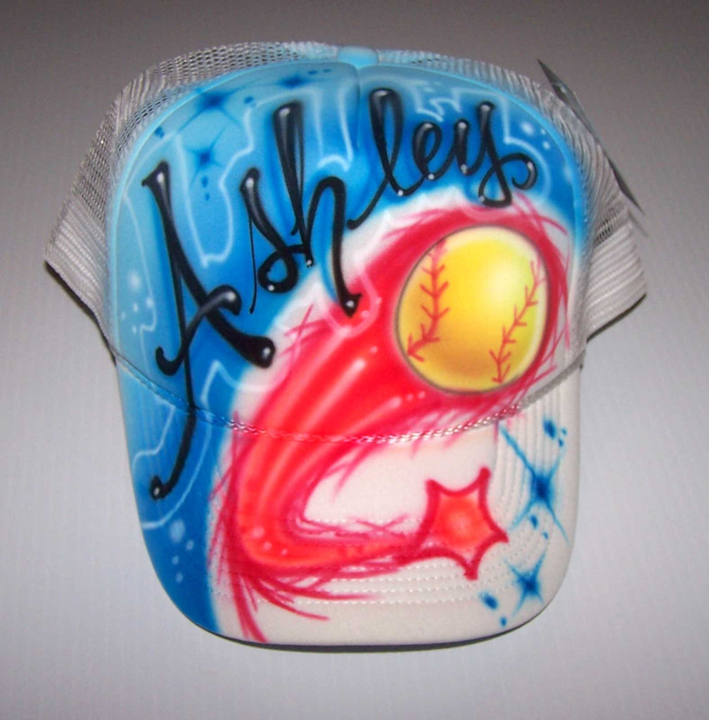 Airbrushed Shooting Softball Personalized White Trucker Hat