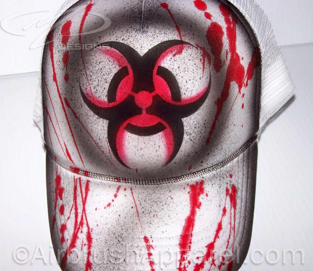 Bio Hazard Blood Splatter Airbrush Zombie Theme Full Cover Snap Back Trucker Hat