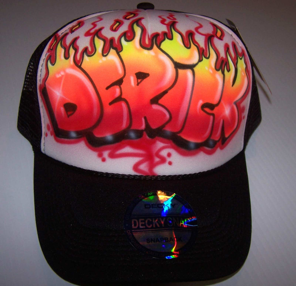 Airbrushed Flame Letter Personalized Snap Back Trucker Hat
