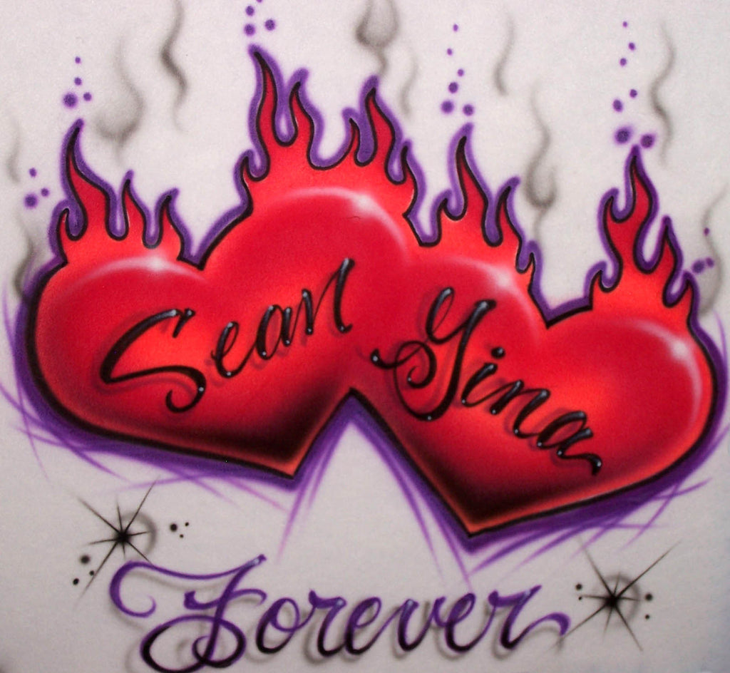 Flaming Double Heart Personalized Airbrushed Shirt