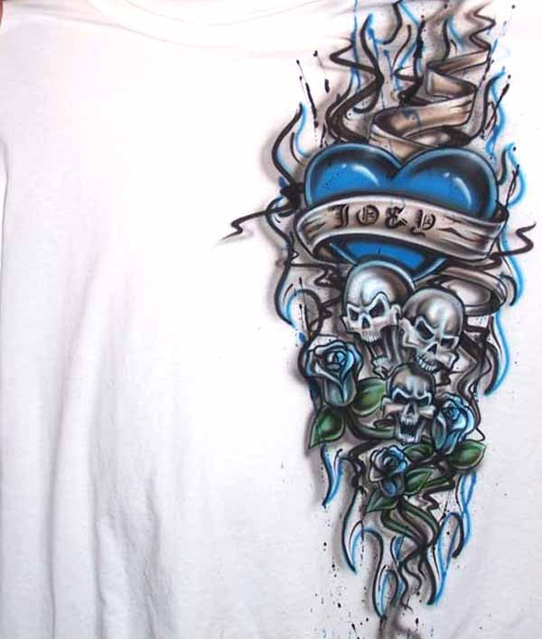 Freestyle Airbrushed Tattoo Skull and Heart Shirt