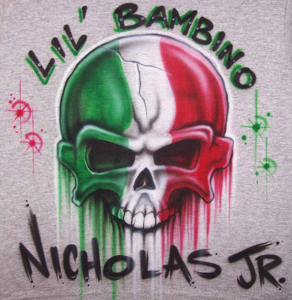 Italian Flag in Skull Airbrushed Shirt with Any Name Added