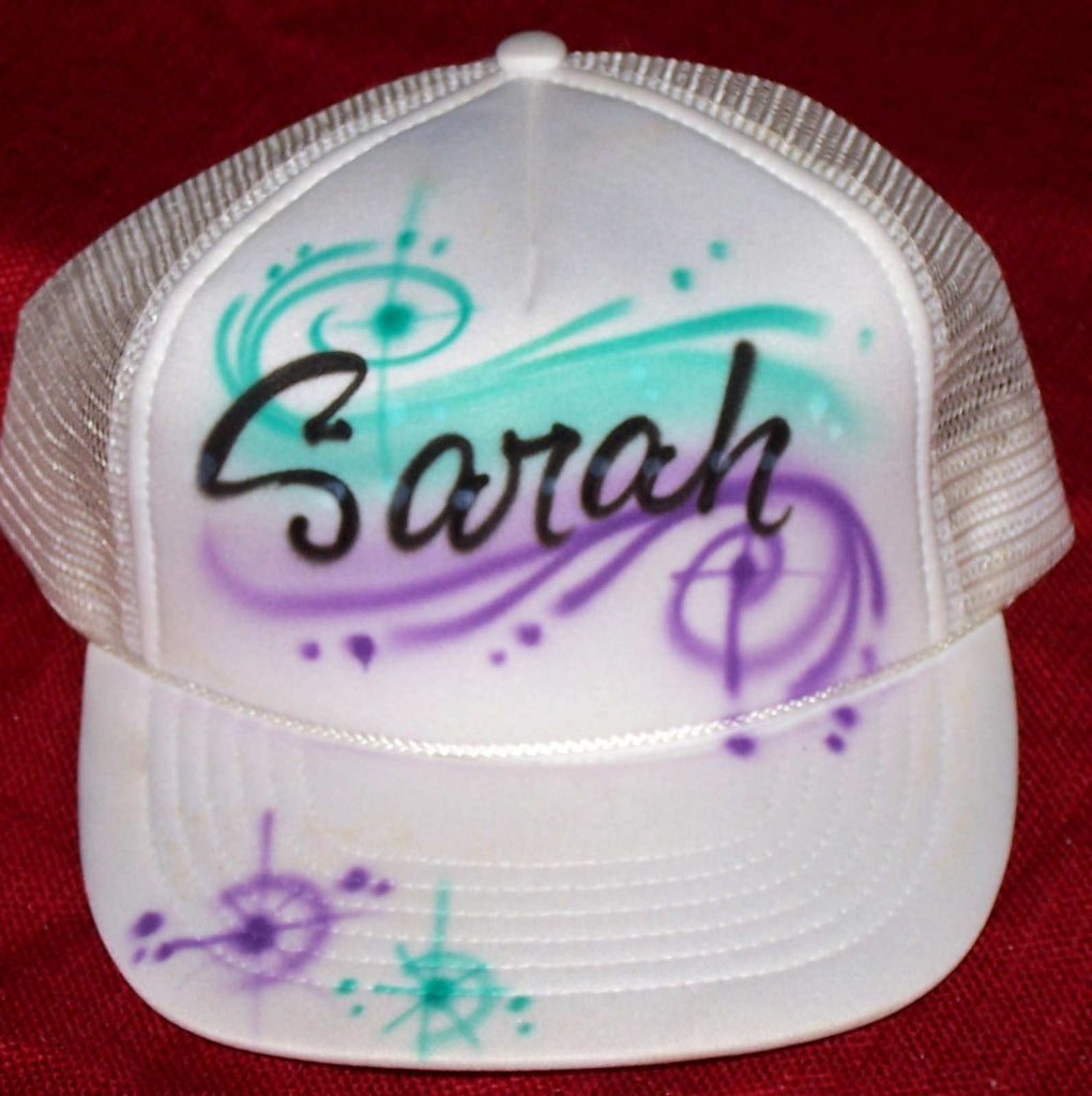 Airbrushed Personalized Script Name With Color Swirls Trucker Hat