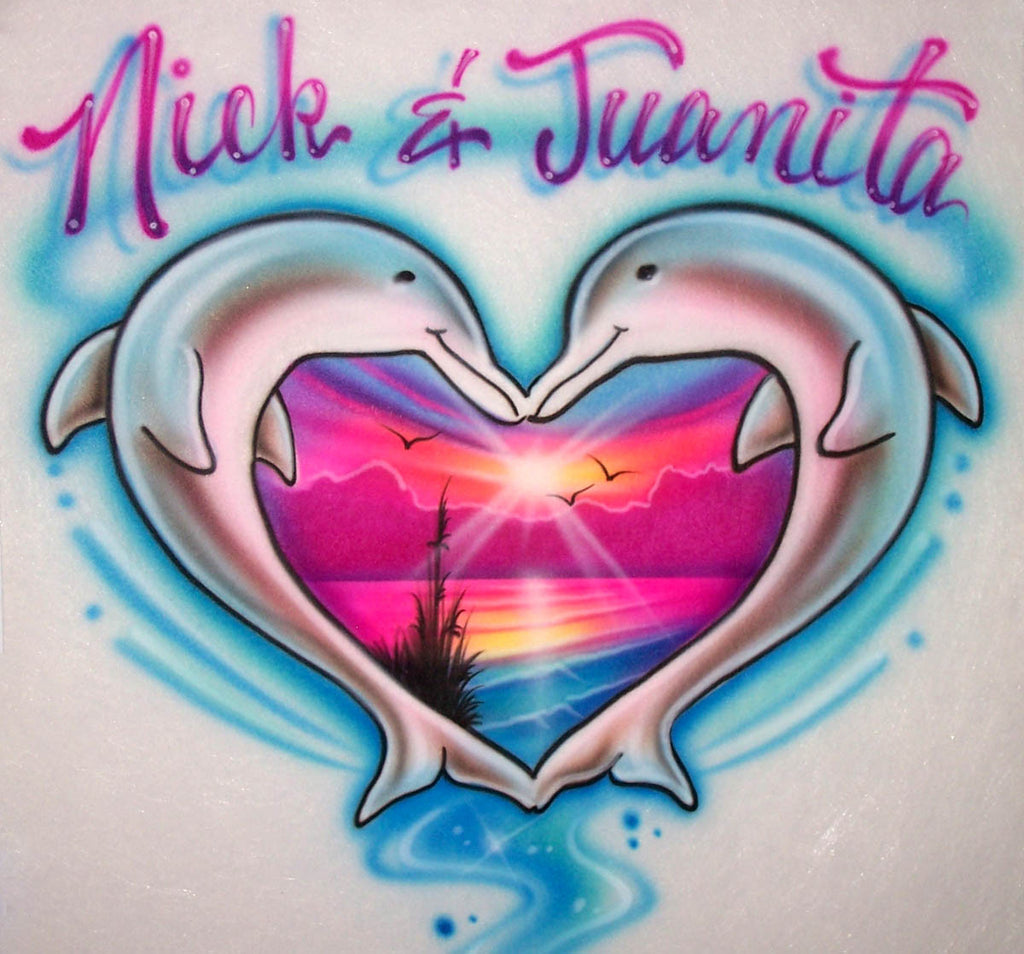 Dolphin Heart & Beach Scene Airbrushed Couples Design
