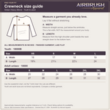 Airbrush Apparel crewneck sweatshirt size guide with youth and adult measurements and a flat-garment measuring diagram.