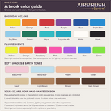 Airbrush Apparel artwork color guide with standard colors, UV black-light-reactive fluorescents, soft custom mixes and earth tones. Approximate paint colors, not garment colors.