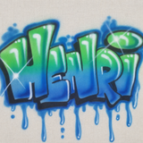 Hand-painted Henri name in green-to-blue graffiti lettering with black shadows, white highlights and blue dripping accents.