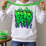 Digital mockup of a white hoodie with FEID green slime-drip airbrush lettering, worn by a boy stretching green slime above the artwork beside a tub labeled SLIME. Props not included.