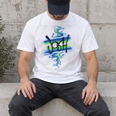 Seated-model styling mockup of a white T-shirt with original hand-painted Josh lettering, blue and green swirls, dots and white star highlights.