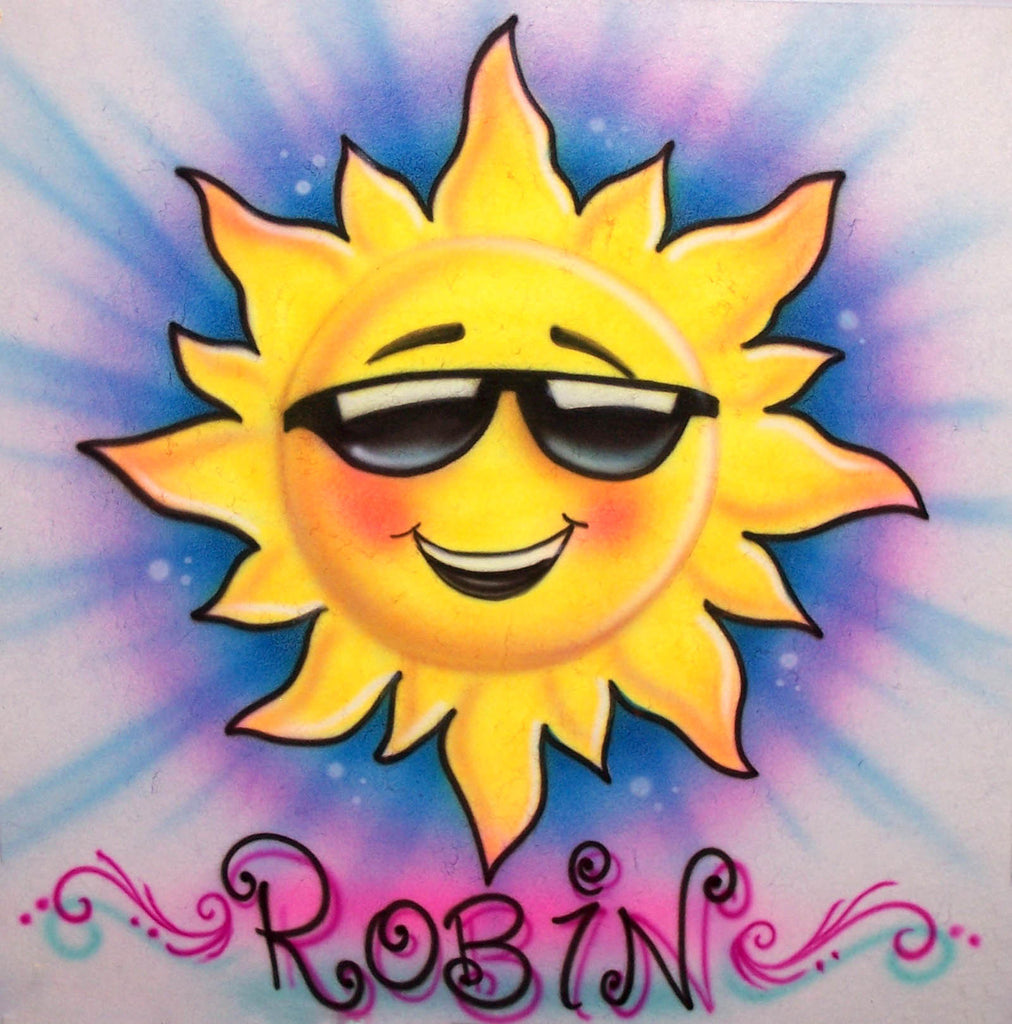 Smiling Sunshine Happy Face Airbrushed T-Shirt with Any Name Added