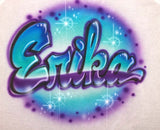 Purple and turquoise airbrushed personalized bubble script font shirt