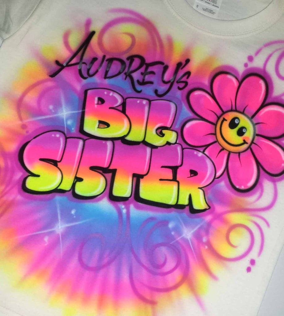 Big Sister Airbrushed Shirt with Flower & Tie Dye Style Design