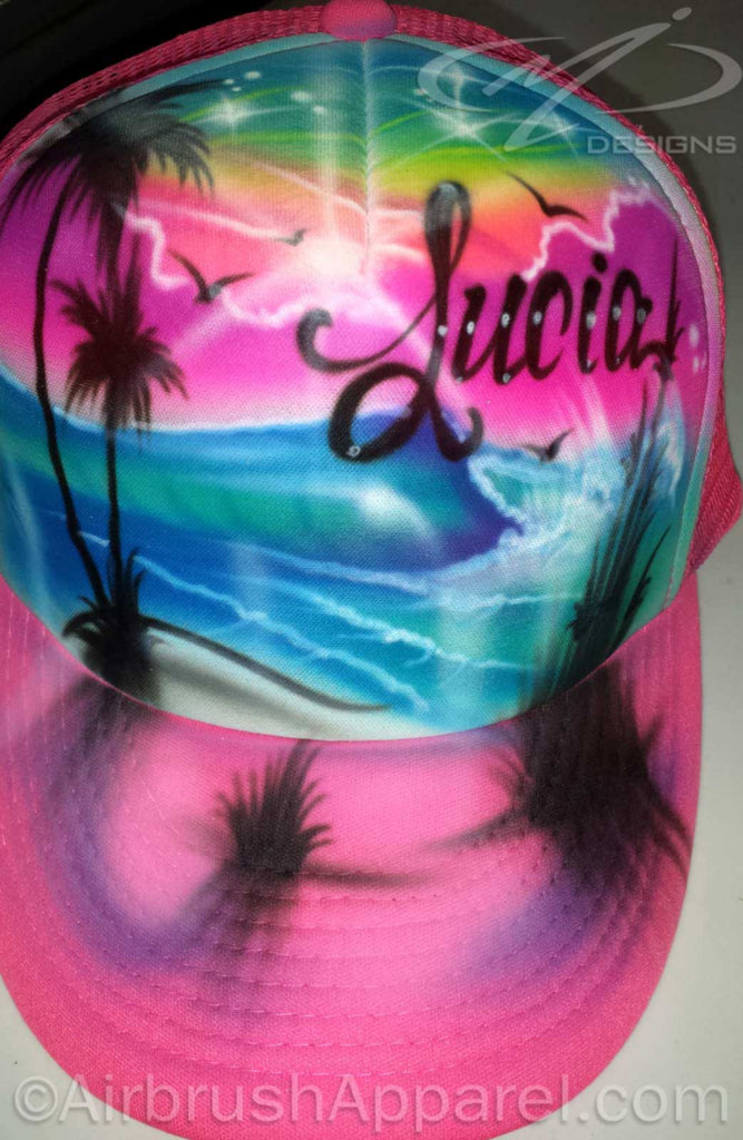 Airbrushed Full Beach Scene Personalized Snap Back Neon Trucker Hat