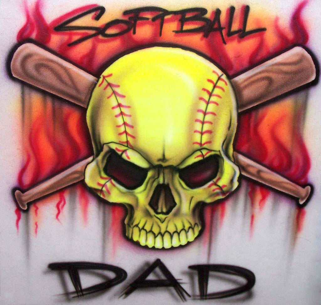 Softball Dad Airbrushed Skull Bats & Flames Custom Shirt Design