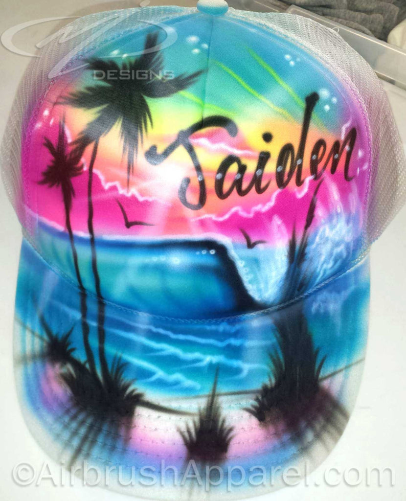 Airbrushed Full Cover Beach Scene Personalized Snap Back White Trucker Hat