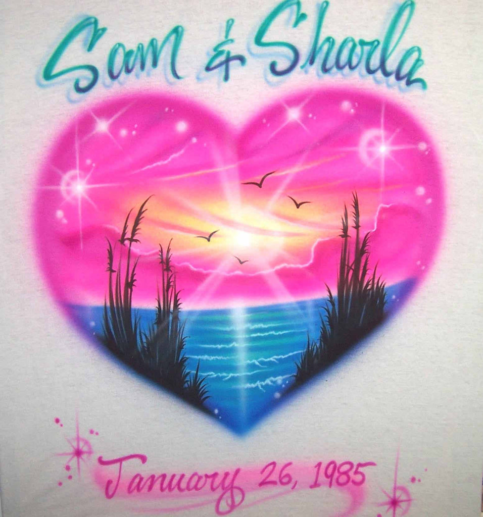 Bright Heart Shaped Beach Scene Double Name with Date Custom Airbrushed Shirt